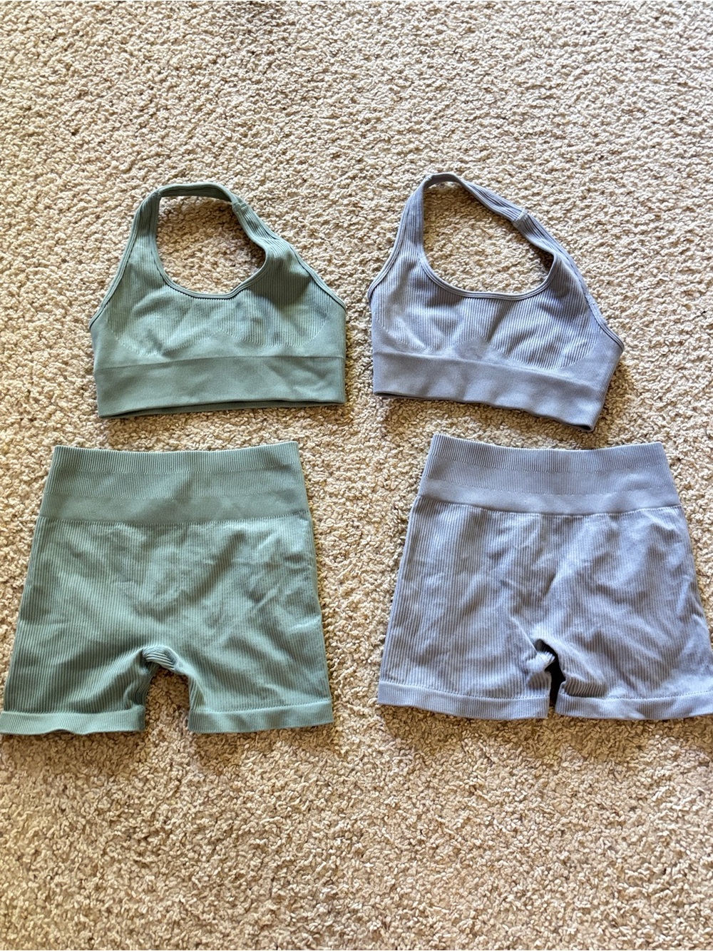 Ribbed Seamless Two-Piece Active Sets in Sage Green & Light Gray/blue size M
